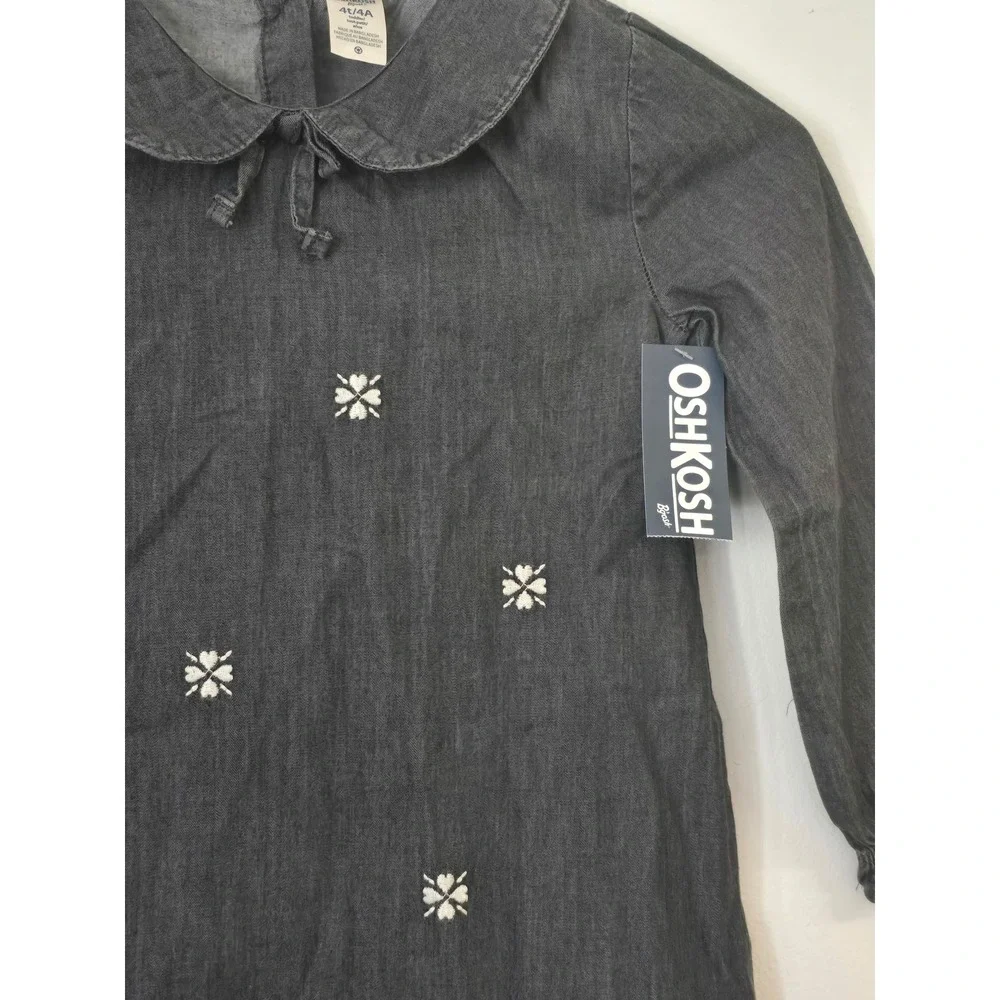 OshKosh Bgosh Toddler Girls Gray Denim Embroidered Floral Dress 4T NWT